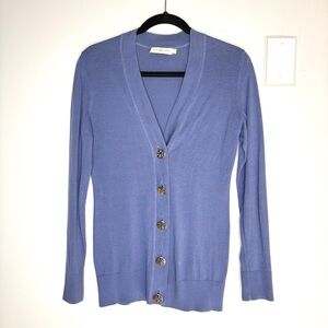 Tory Burch Simone Cardigan Sweater Logo Button Down Cotton Knit In Blue Size S